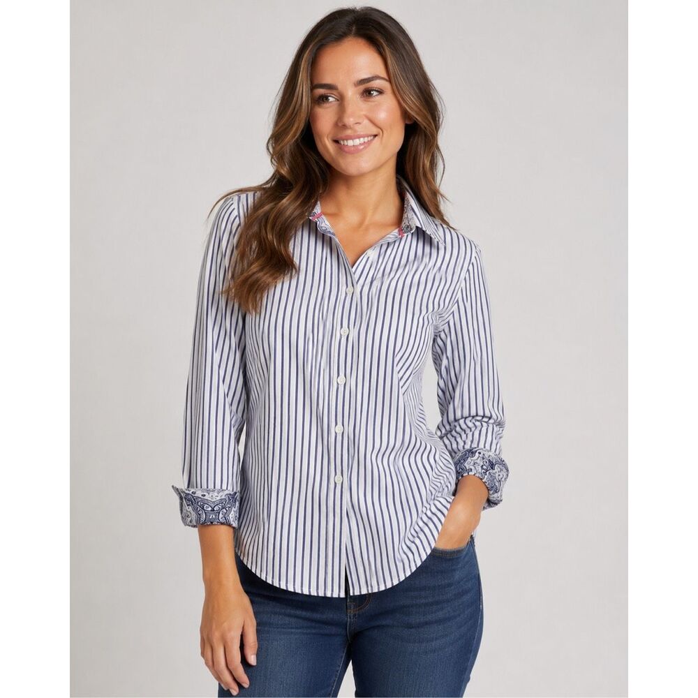 Van Heusen Originals Women’s Striped Button Front Shirt Medium Blue White